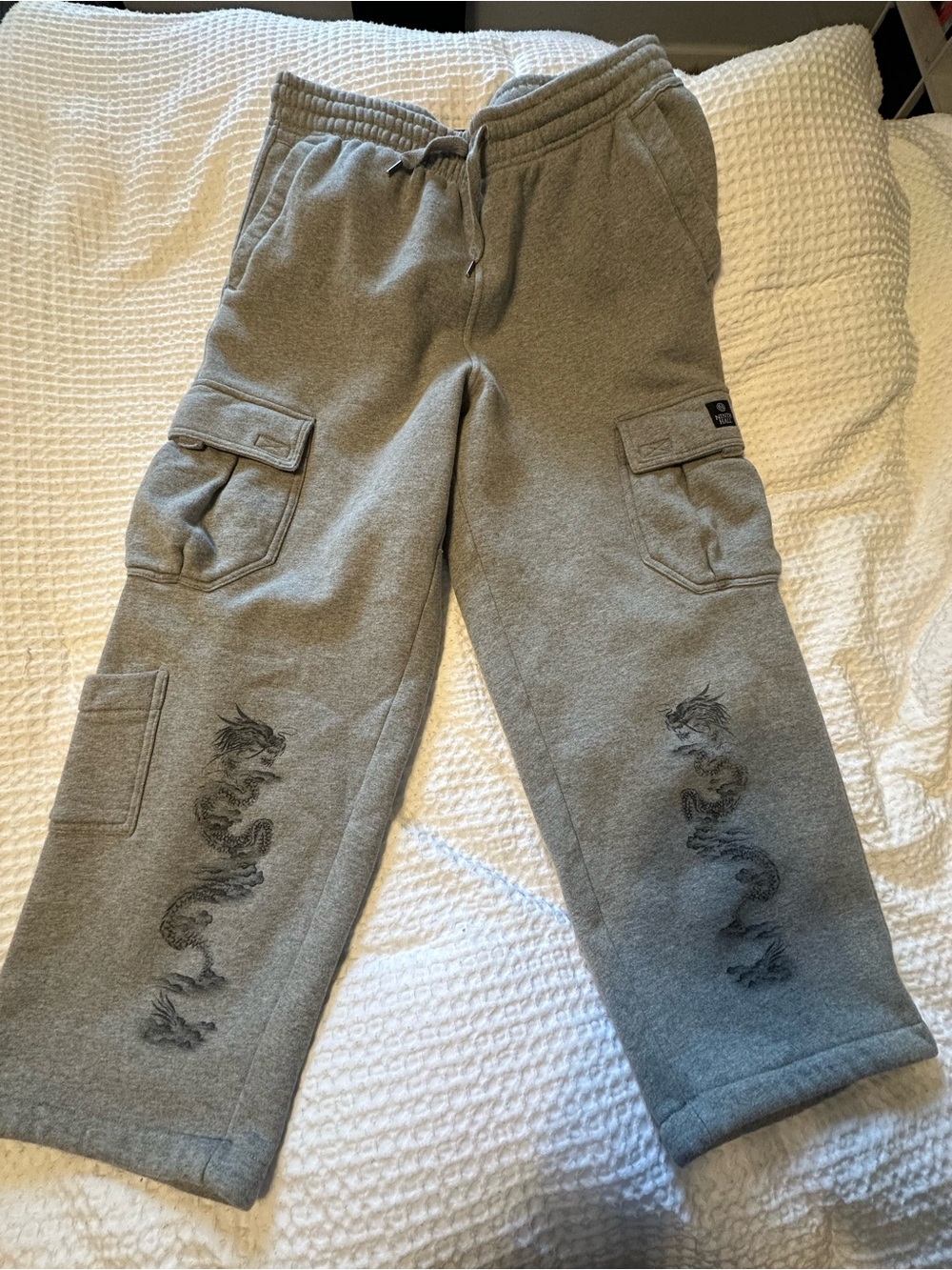 Men’s Grey Cargo Sweatpants with Dragon Print